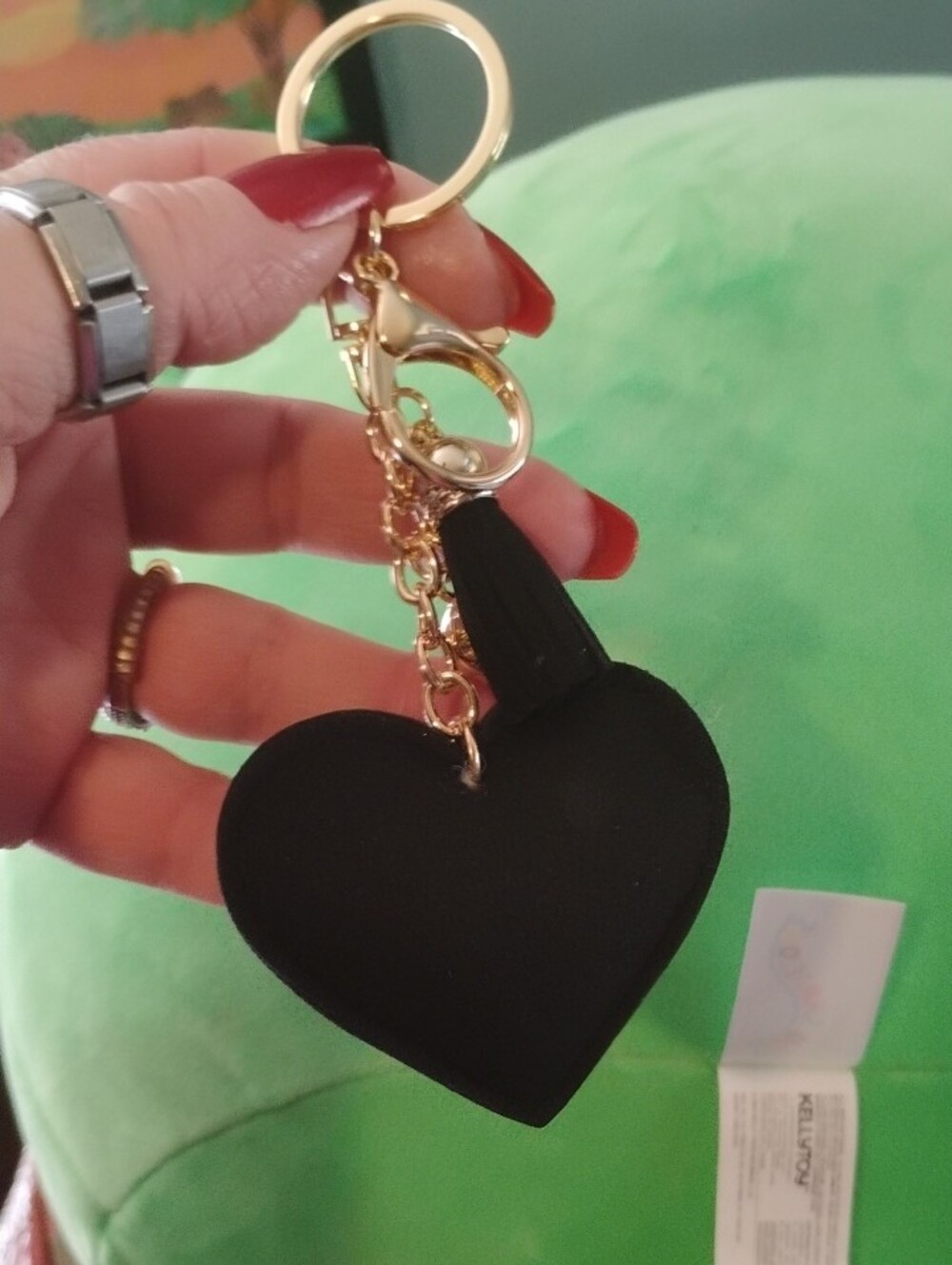 Black Heart Sequin Bag Charm Keychain with Gold Hardware - Picture 2 of 2